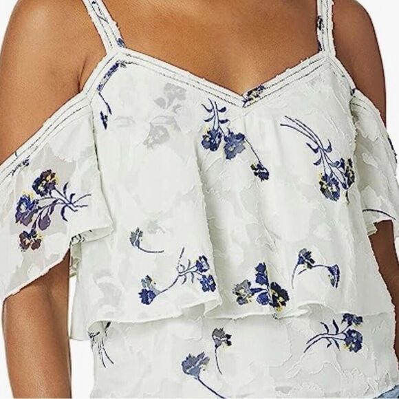 Lucky Brand Pale Blue Navy Blue Floral Print Cold Shoulder Flowy Romantic Blouse - Picture 3 of 14